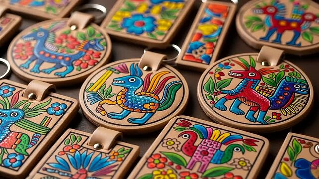 Colorful Hand Painted Mexican Folk Art Leather Keychains.
