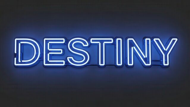 Vibrant blue neon 'DESTINY' sign glowing intensely against a deep, dark, featureless backdrop