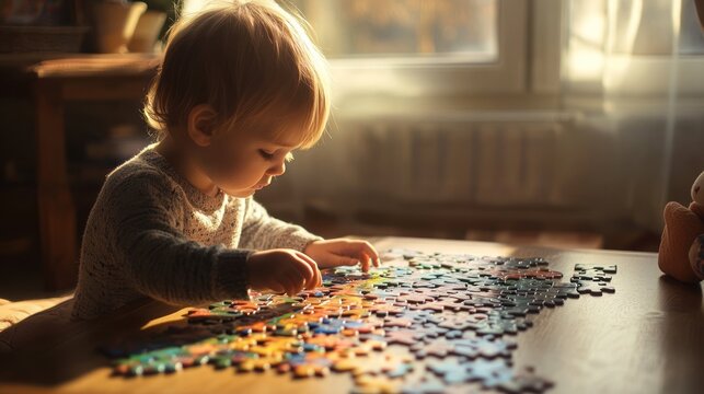 Toddler concentrating on jigsaw puzzle at home