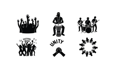 Obraz premium African music festival with drum player and unity hands vector silhouette illustration art.
