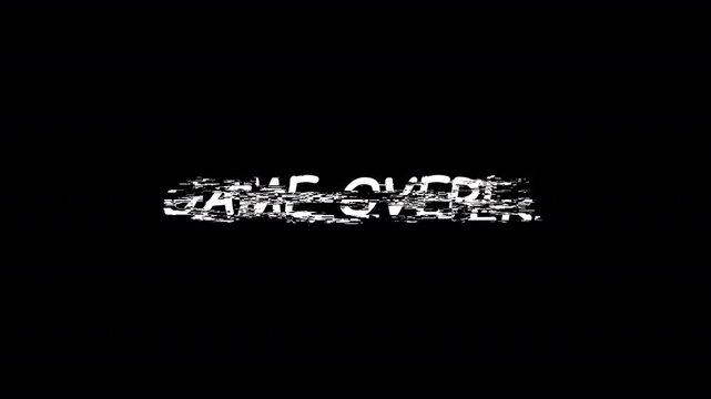 GAME OVER,  text glitch animated effect, game over Retro pixel art style video game end screen looped animation, stream end in HD animation on black screen 