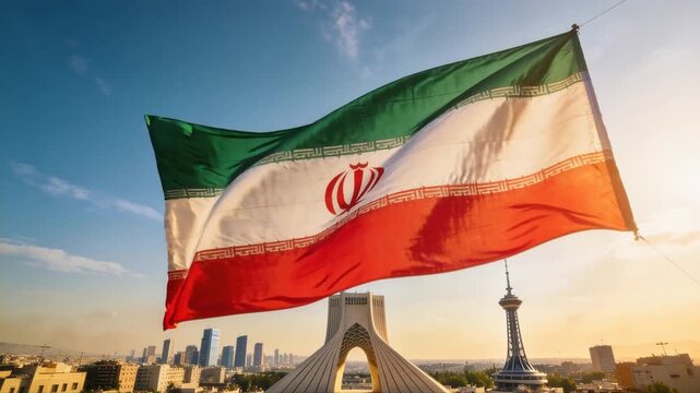 Iran flag waving animation urban skyline landmark context