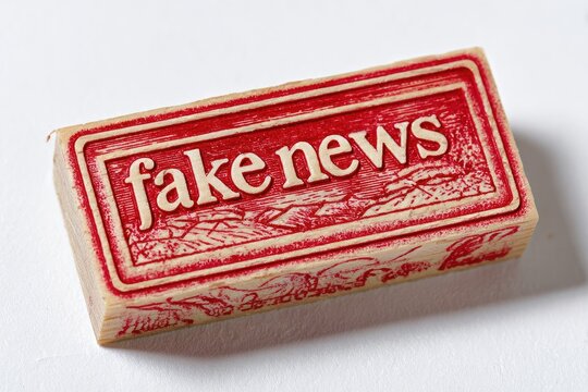 A textured red stamp with "fake news" in relief against a light background