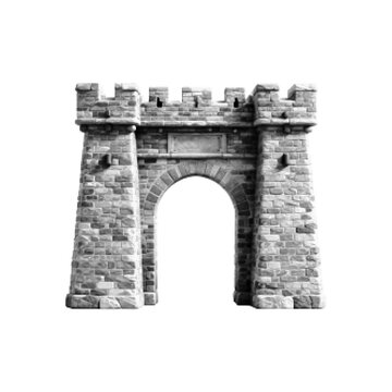 Stone castle gate in halftone style, monochrome dotted illustration isolated on white background, medieval fortress architecture concept.