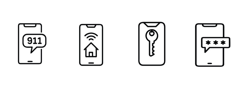 Smart home security and mobile data protection line icons set featuring 911 emergency call and secure digital key vector illustration with editable stroke.