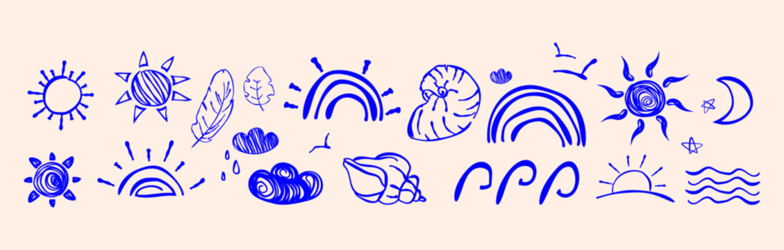 Summer Naive art style tropical doodle elements set with sun, seashells, ocean waves, tropical leaves, for icons, stickers, prints, packaging branding, stationery, and vacation themed design.Vector