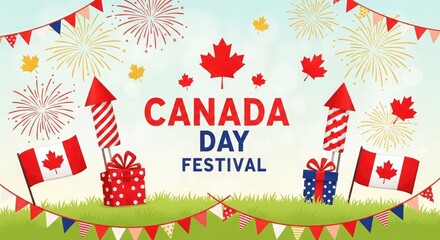 Obraz premium Canada day festival celebration fireworks flags and festive decorations