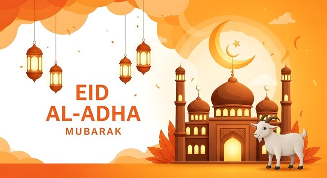 Eid al adha mubarak celebration with mosque and lanterns