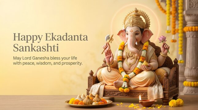 Happy Ekadanta Sankashti Poster Lord Ganesha Festival Celebration, Sankashti Chaturthi Greeting, Hindu Devotional Banner, Spiritual Social Media Design