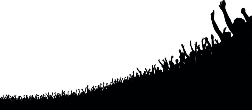 Silhouette of large crowd cheering with raised hands forming perspective wave, excitement, celebration, event energy isolated on white background