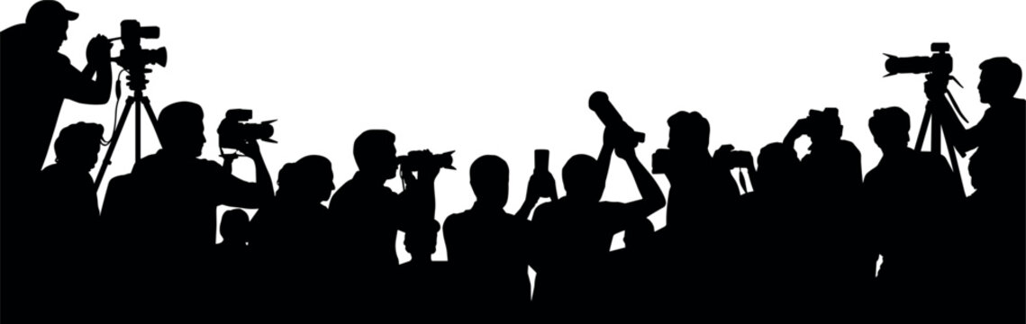 Silhouette of media photographers and videographers capturing news event, paparazzi crowd with cameras recording press conference isolated on white background