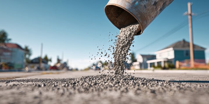 Gravel is poured from a chute onto a street during road construction in a residential area.