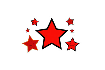 Fototapeta premium Red cartoon stars with smiling faces and black outline, some with an orange border, representing achievement and quality