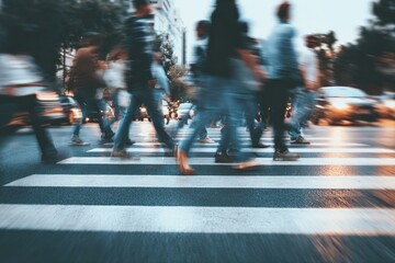 Obraz premium Blurred motion of pedestrians crossing a busy street at a crosswalk