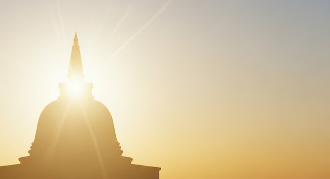 Poson Poya, soft gradient white to gold, glowing stupa silhouette on left background