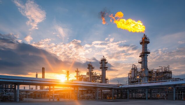 Industrial complex at sunset with tall flare stack burning brightly