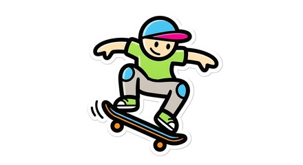 Fototapeta premium An active cartoon child wearing a helmet enjoys some action-packed fun while playing with his skateboard and scooter in a vector illustration of outdoor sports