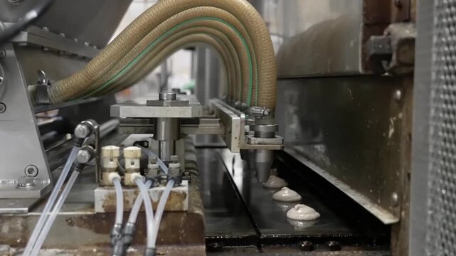 Automated food production machinery extruding precise portions of dough onto a conveyor belt in a bakery factory