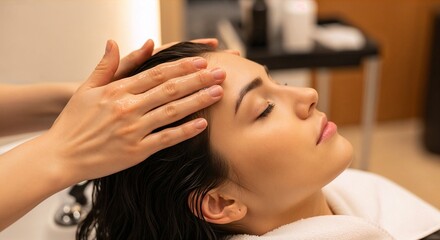 Fototapeta premium Relaxing Hair Massage at a Spa for Rejuvenation and Wellness Experience by Professional Hands
