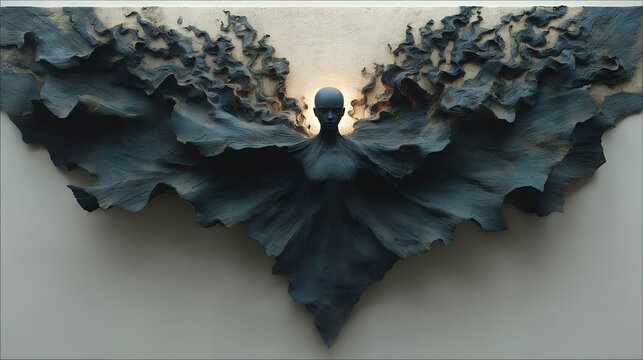 Conceptual vampire symbolism, 3D clay abstract art, organic clay shapes forming a mysterious figure dissolving into mist-like forms, abstract representation of eternal life and isolation