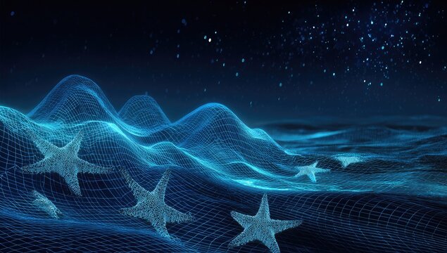 Digital ocean with glowing stars and wireframe waves under starry sky