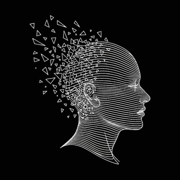 Abstract Human Head Dissolving into Geometric Shapes.