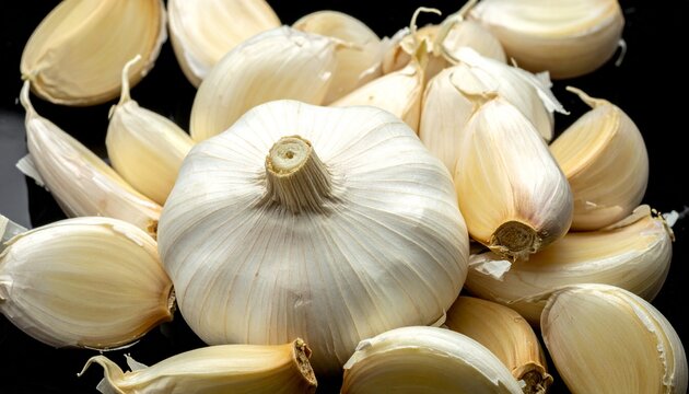 A detailed close-up photograph showcases a pile of fresh garlic bulbs and cloves against a dark background, highlighting their natural texture and form