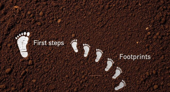 Flat lay of umber ground with first steps footprints