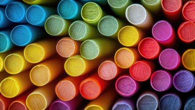 Vibrant, cylindrical objects in a close-up, colorful, abstract composition