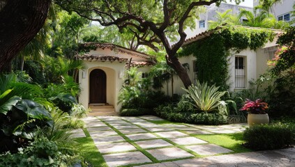 Fototapeta premium Lush tropical foliage surrounds a charming stucco home with a tiled roof (1)