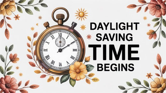 Daylight saving time begins with a classic pocket watch illustration.