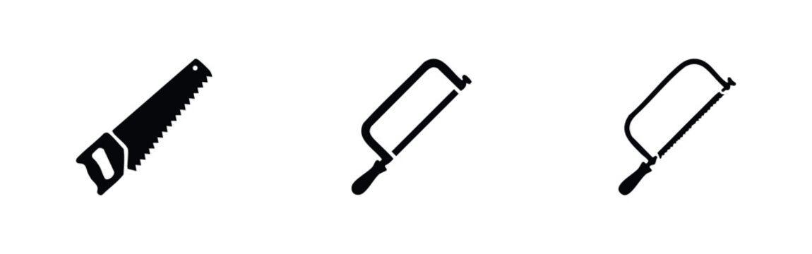 Three black silhouette icons of saws for woodworking and construction.
