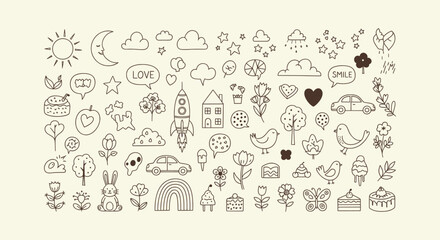 Naklejka premium Cute Hand Drawn Line Art Doodle Collection with Sun Moon Rocket House Animals and Floral Elements.