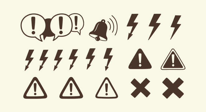 Collection of Hand Drawn Sketch Warning Alert Symbols with Exclamation Mark Lightning Bell and Cross