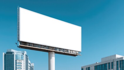 Fototapeta premium Large blank outdoor advertising panel stands tall against a clear blue sky