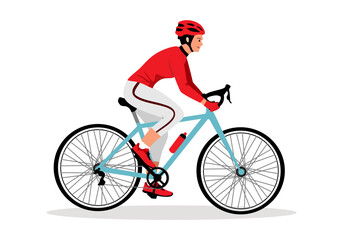 Naklejka premium Illustrated male cyclist in an red jersey and dark shorts, actively pedaling a modern road bike with drop handlebars and helmet.