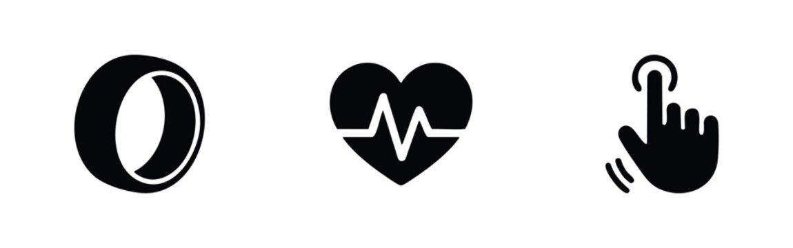 Three black icons: smart ring, heart with pulse, and hand tapping on white background