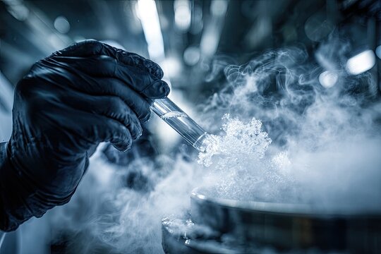 A gloved hand holds a test tube over a container emitting cryogenic fumes.