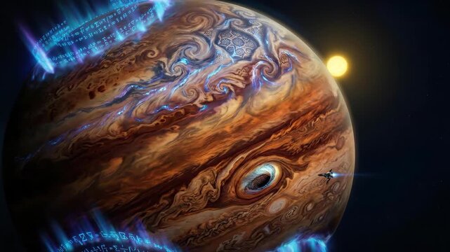A sentient gas giant becoming self-aware, its storm bands reorganizing from chaotic weather into deliberate geometric thought patterns visible from space, the great spot