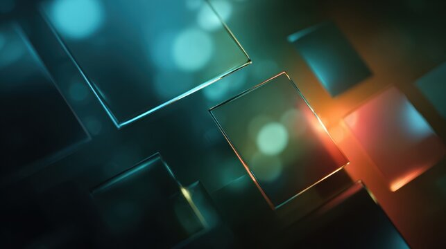 Dark geometric squares, electric fuchsia glow. Layers of semi transparent black glass, electric fuchsia gradient, glossy cuboid shapes, teal rim light, soft bokeh orbs, deep shadow pockets, cinematic