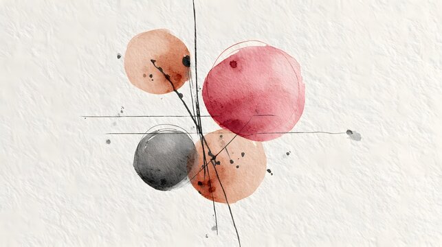 Minimalist Abstract Watercolor Art Featuring Four Circles and Scribbled Lines on Textured White Paper with Large Negative Space