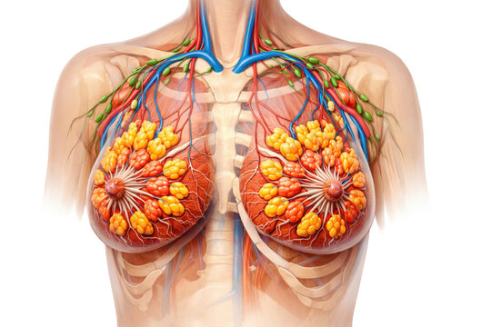 Female breast anatomy detailed medical illustration showing mammary glands ducts lymph nodes vascular system chest structure isolated on white background