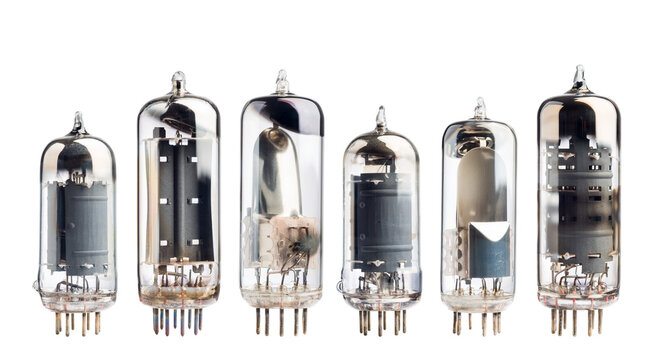 Variety of vintage vacuum tubes isolated on white background.