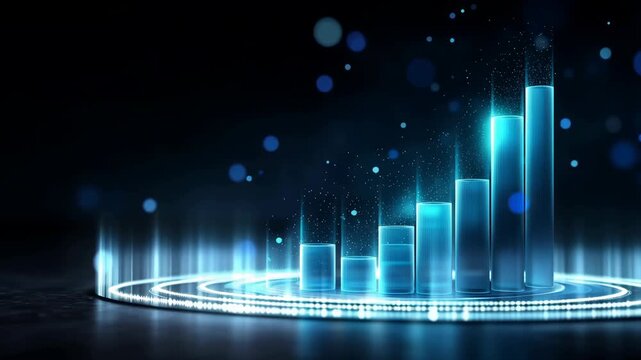 Futuristic glowing blue bar graph digital technology data analytics abstract background featuring modern finance business growth progress 3D neon light visualization statistics innovation investment