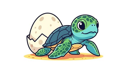 Obraz premium A cartoon turtle hatches from an egg on a sandy beach
