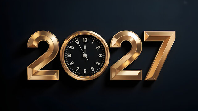 Golden 2027 numerals with clock face on dark background
