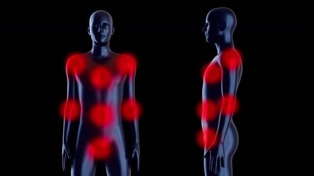 Full body 3D medical animation showing multiple inflammation zones from front and side views. Represents complex medical conditions, total body pain or musculoskeletal system failure.