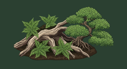 Bonsai tree and fern illustration on dark green background © denisjack
