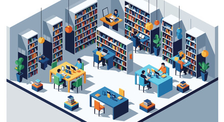 Isometric illustration of people studying and working in a modern university library interior. © denisjack