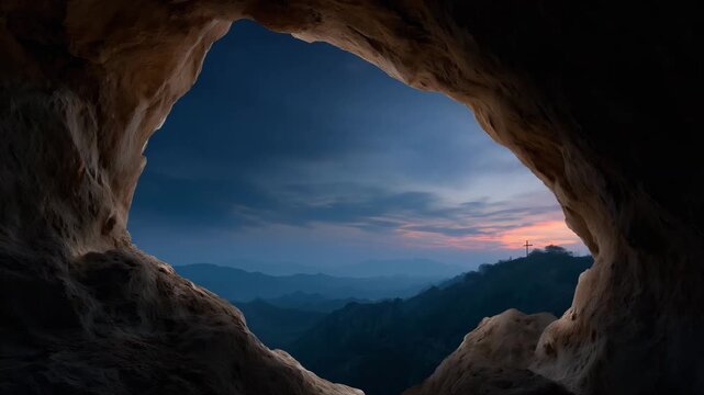 Cave opening framing cross at sunrise, spiritual wilderness panorama, sacred symbol on mountain horizon, dramatic light, faith and inspiration background cave opening, cross at sun